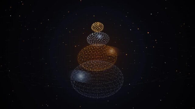 Abstract wireframe spheres in space, glowing digital orbs with particle stars, futuristic geometric data visualization for science technology