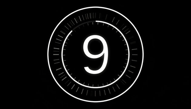 Countdown Timer Number 9 with Futuristic Circular Gauge and Glowing Neon Effect on Black Background