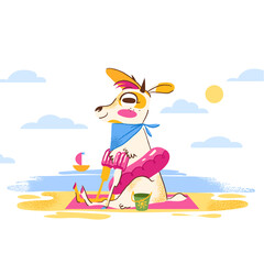 Naklejka premium Cute vector illustration of a cartoon goat character mascot with swim floaties and an inflatable ring relaxing on a pink towel at the beach during a summer vacation