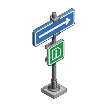 Blue directional arrow sign with green information symbol on a metal post, isometric cartoon vector illustration for navigation and tourism concepts.