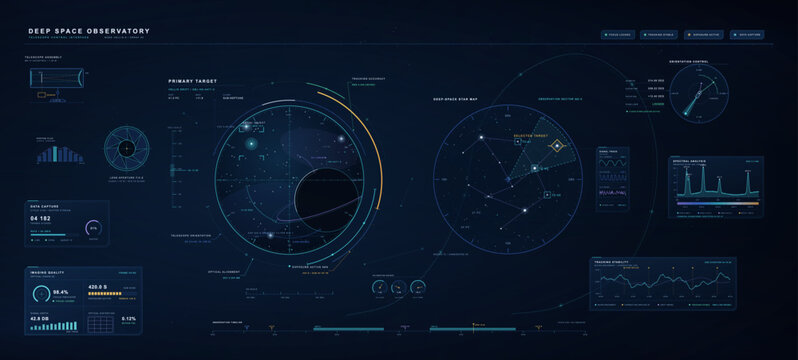 Deep space observatory telescope control interface with galaxy star tracking map, planet observation target coordinates, science telemetry charts, and astronomy data dashboard. Vector hud.