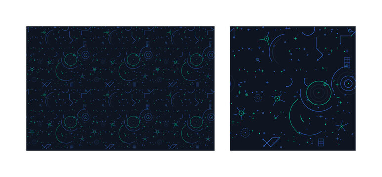Abstract sci-fi seamless pattern set with futuristic tech radar lines, space constellation stars, cyber data nodes, and digital geometry elements on dark background. Vector graphic set.