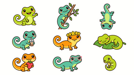 Fototapeta premium Cute Gecko Character Set in Various Poses Vector Illustration