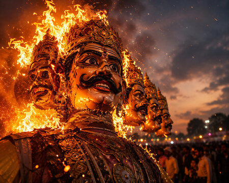 Burning Ravana effigy during Dussehra Vijayadashami celebration with a festive crowd at sunset