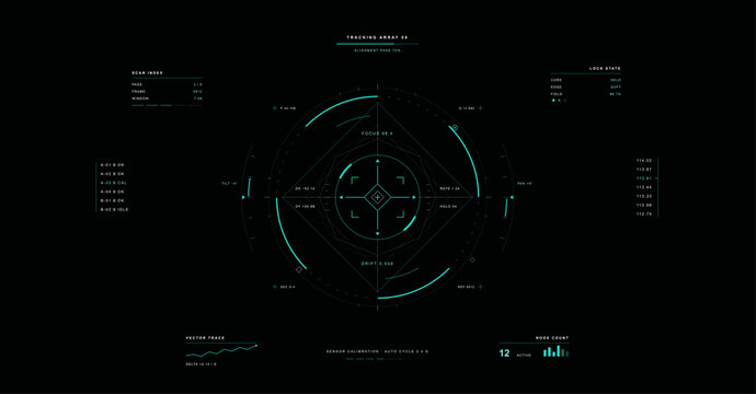 Futuristic HUD radar interface template with scanning target grid, tracking array data, telemetry metrics, and circular sensor display on dark background. Vector hud.