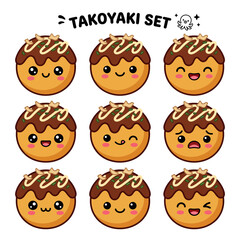 Obraz premium Cute Kawaii Takoyaki Cartoon Character Vector Illustration Set Various Facial Expressions