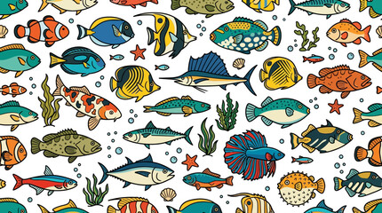 Obraz premium colorful fish pattern featuring diverse marine life ocean animals and a vibrant underwater world vector illustration.