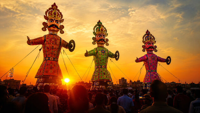Dussehra Vijayadashami celebration with three Ravana effigies and a festive crowd at sunset