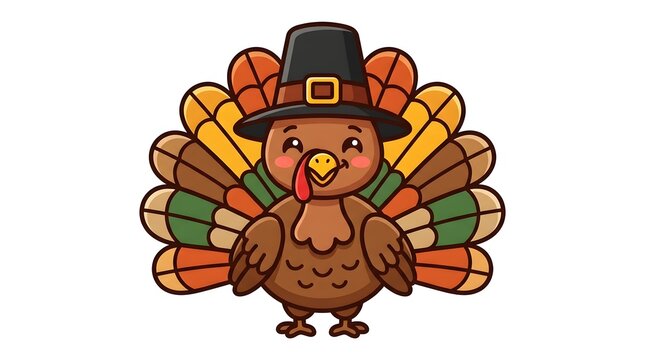 Cute cartoon turkey wearing a pilgrim hat isolated on white background