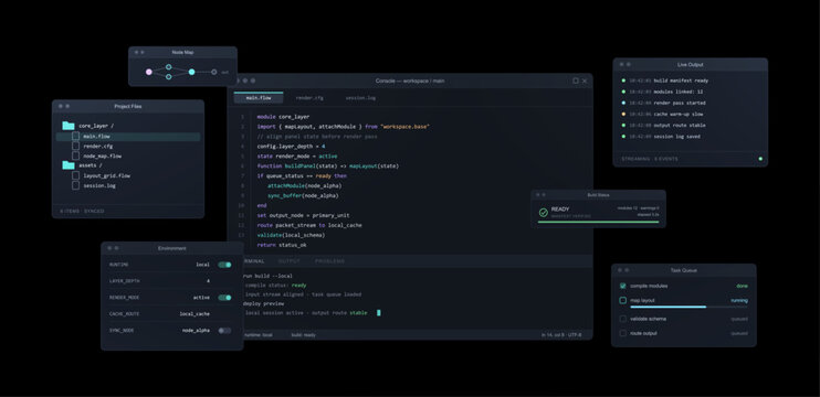 Code editor IDE interface template with program console workspace. Software developer layout with project files tree sidebar, node map, build status, task queue and live output terminal windows. Vecto