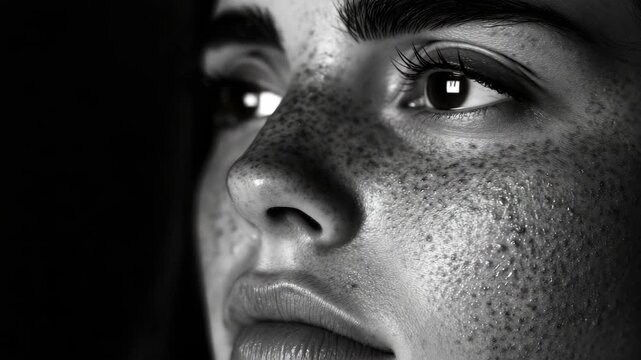 Black and white close-up portrait of a woman with freckled skin