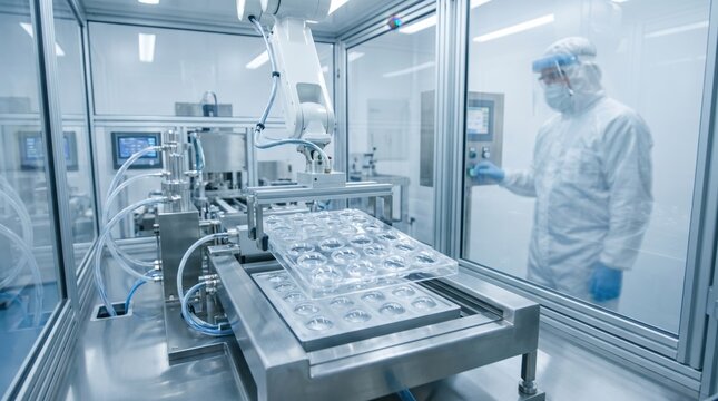 Automated robotic arm manufacturing plastic blisters with engineer operating machinery in sterile cleanroom facility. Concept of pharmaceutical manufacturing, packaging line.