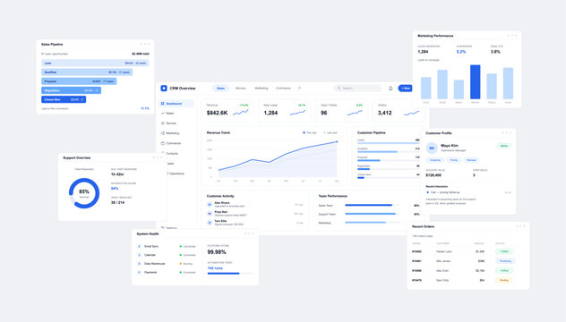 CRM enterprise platform dashboard interface template with marketing performance charts. Corporate business summary layout with revenue trends, sales pipeline funnel, team analytics and customer profil