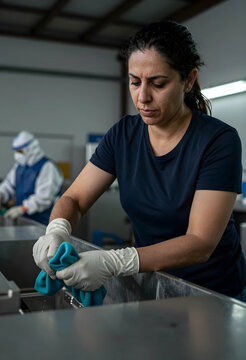 Essential worker cleaning and sanitizing, woman in gloves washing cloth in industrial sink, hygiene and public health