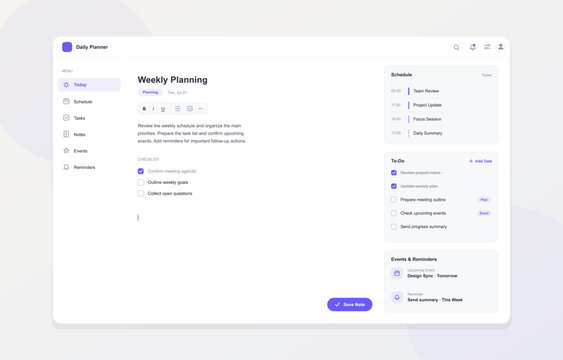 Weekly planner and organizer dashboard interface. Digital notebook workspace template with calendar schedule timeline, task checklist widget and events reminder notebook sidebar. Vector UI, UX.