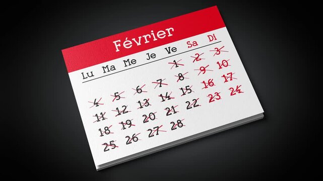 French Calendar with Flipping Pages and Days Crossed Out - 3d 4k animation (3840 x 2160 px)