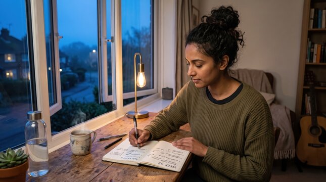 Young woman writing in notebook at desk near open window at dusk. Concept of journaling, working from home, cozy atmosphere, focus.