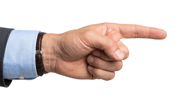 Businessman hand pointing index finger to the right isolated on black background. Corporate male showing direction, presenting, or selecting concept.