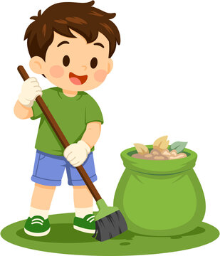 Boy Sweeping Leaves into a Green Bag