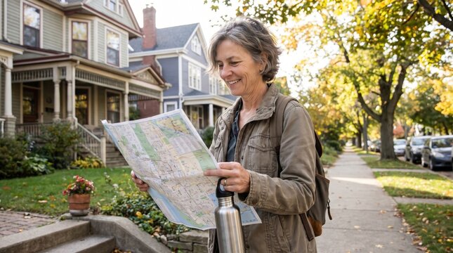 Mature woman tourist looking at paper map on suburban street during autumn travel. Concept of female tourist, city navigation.