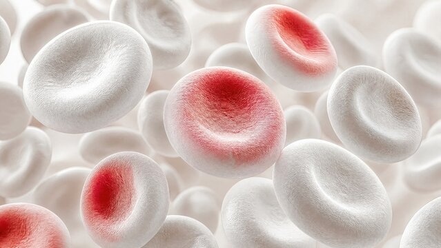 Matte white porcelain anatomical model showing microscopic closeup of red blood cells erythrocytes biconcave discs