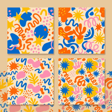 Seamless abstract pattern set featuring organic shapes and vibrant colors in a hand-drawn illustration style for a playful modern background.