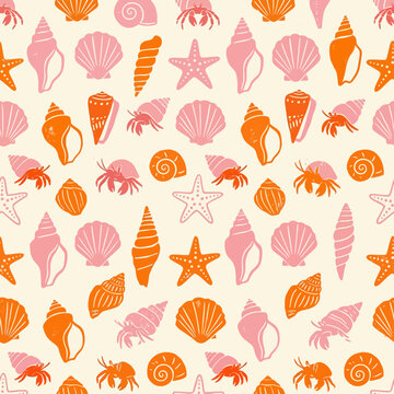Costal wallpaper - Hand-drawn seamless pattern of seashell and starfish designs, celebrating marine life in a coastal wallpaper with pink and orange