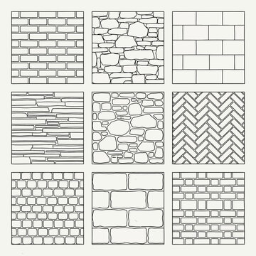 Detailed architectural drawing collection featuring various brick wall and stone texture designs in a masonry pattern set shown as minimalist line