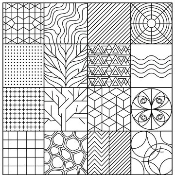 Geometric patterns and line art texture swatches set, featuring seamless backgrounds with minimalist hatching for abstract graphic design projects.