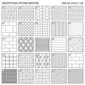 Comprehensive collection of architectural patterns and floor tile textures with hatching symbols for professional drafting design and material