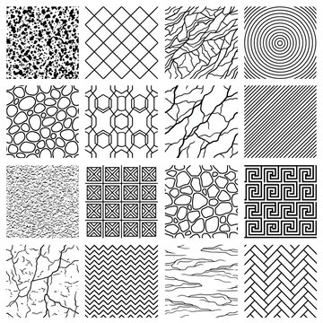 Collection of sixteen seamless pattern swatches with geometric background elements, black and white abstract texture and minimalist design for