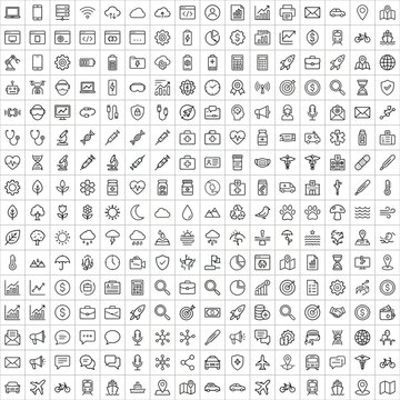 Massive collection of business icons and line art doodle sketches featuring technology symbols and communication icons for modern UI design and