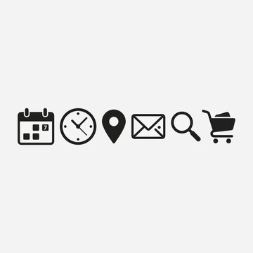 A comprehensive business icons and web symbols collection featuring a communication set, navigation tools, and a shopping graphic for e-commerce