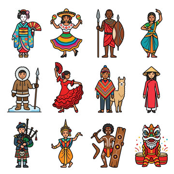 A vibrant collection of global culture and human diversity featuring traditional costume designs worn by people from around the world.
