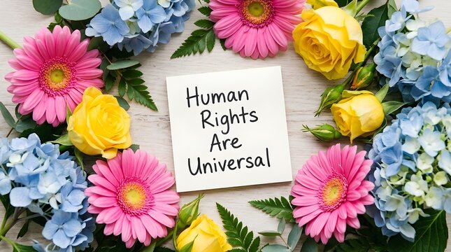 A beautifully arranged vibrant floral wreath gently encircles a sign declaring that fundamental human rights are universal for everyone offering a message