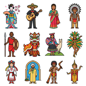 A vibrant illustration of global diversity and culture featuring people in traditional costume representing heritage and world tradition.