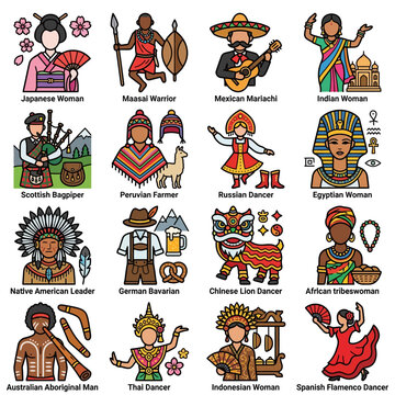 A diverse collection of culture and traditional costume designs showing global diversity through character illustrations of people from around the