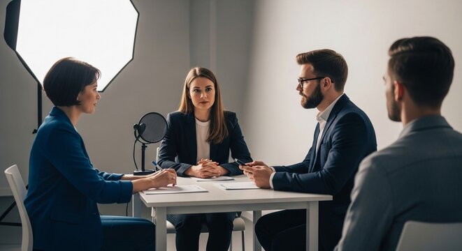 Business professionals engaged in a podcast interview and discussion around a table in a studio setting