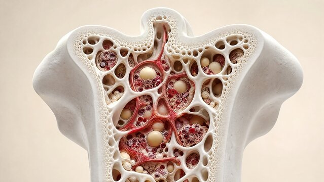 Matte white porcelain anatomical model of trabecular bone cross section with marrow cavity hematopoietic cells closeup