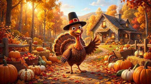 Cute turkey wearing a pilgrim hat standing on a path in front of a cozy cottage surrounded by autumn pumpkins and fall foliage