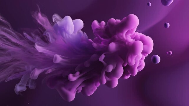 Abstract purple ink dissolving in liquid with tiny bubbles during slow motion against a dark backdrop representing fluid dynamics and creative concepts