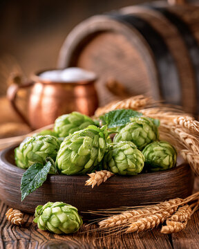 Fresh green hop cones, barley ears and antique copper mug beautifully arranged on oak barrel. Craft beer brewing concept. Close-up still life composition for poster