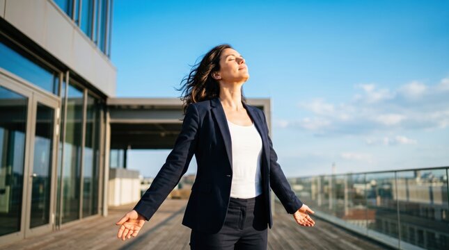 Businesswoman enjoying fresh air on modern rooftop terrace with open arms, blue sky, and urban architecture, expressing confidence, freedom, and professional wellbeing