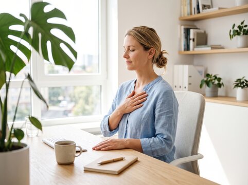 Mindful breathing woman sitting calmly at home with hand on chest, feeling relaxed near window and indoor plant