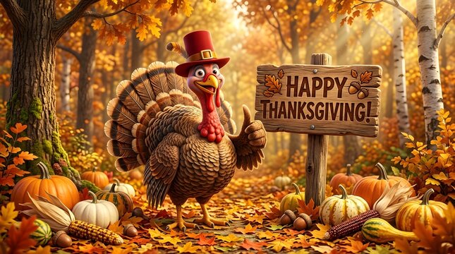 Cute turkey wearing a red hat giving a thumbs up next to a wooden sign in a beautiful autumn forest with pumpkins