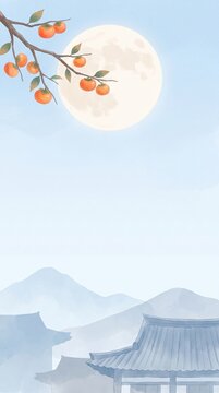 Blue Korean Hanok Roof Background with Full Moon and Mountain Landscape
