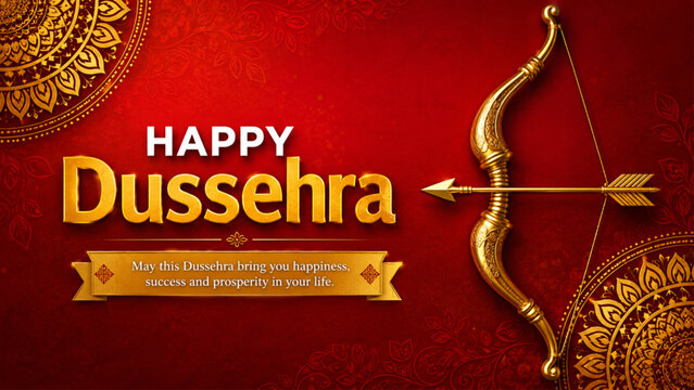 Happy Dussehra greeting design with golden bow and arrow on an elegant red festive background