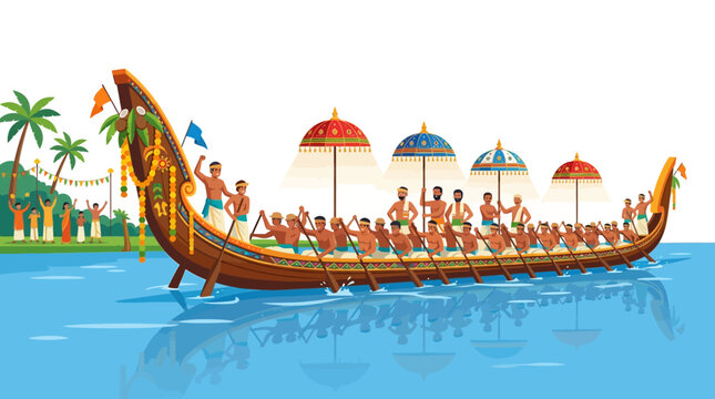 Traditional Snake Boat Race with Rowers and Umbrellas on Water