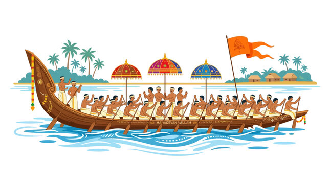 Traditional Snake Boat Race with Rowers, Umbrellas, and Flag on Tropical Water
