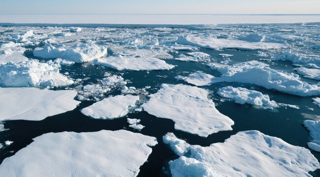 Vast expanse of floating ice floes and open water under a clear sky